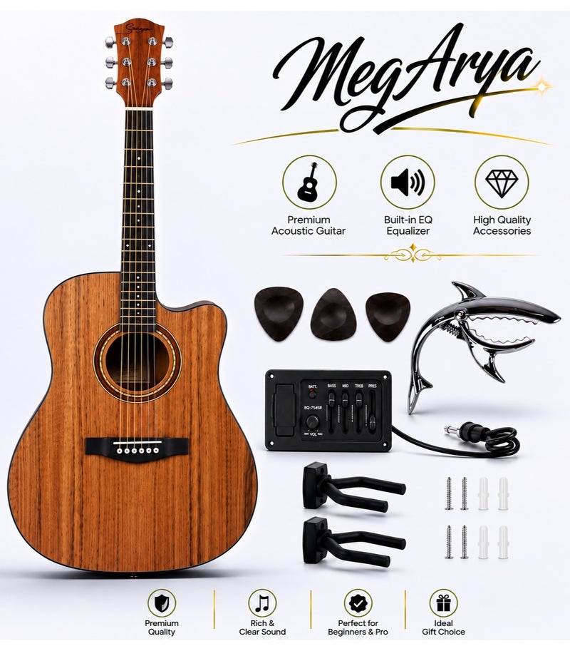 MegArya Acoustic Electric Guitar with Separate EQ System, 6-String Cutaway Acoustic Guitar with Capo, Picks, Cable & Wall Hanger Accessories for Beginners, Students & Guitar Players - Image 1