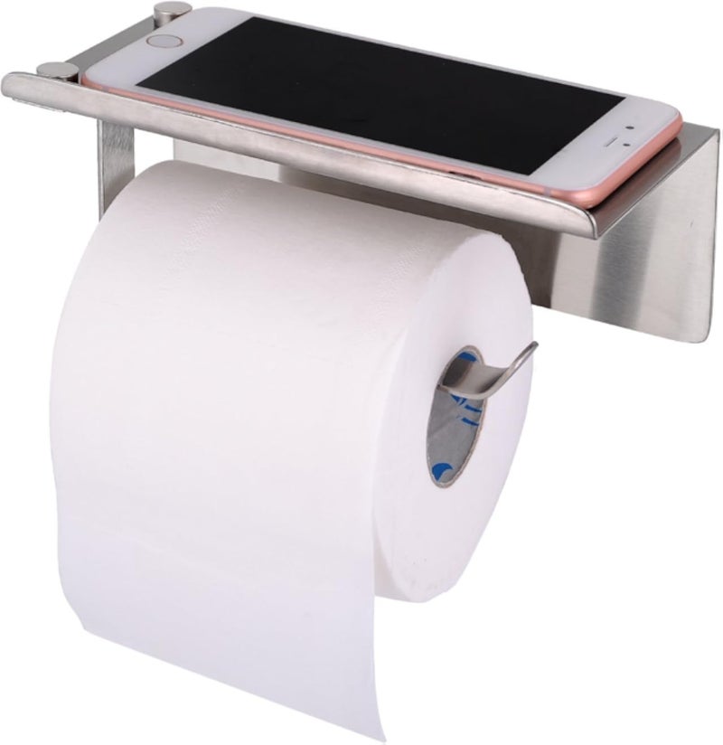 Toilet Roll Holder Wall Mounted-Worldwell 304 Stainless Steel Toilet Paper Holder Self Adhesive Tissue Paper Holder,Bathroom Kitchen Roll Holder Stand with Phone Storage Shelf (Brushed)