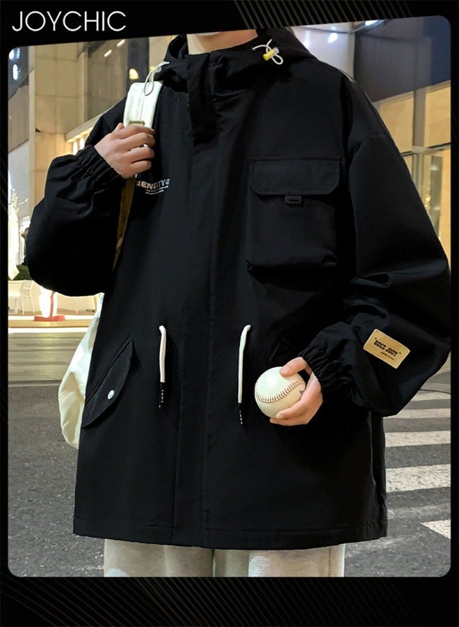 NIBEMINENT Classic Windbreaker Spring and Autumn Winter Men's Work Jacket Casual Loose Hooded Zipper Windproof Coat Large Size Outdoor for Camping Climbing Black - Image 1