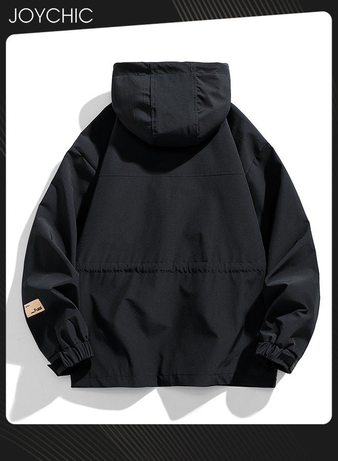 NIBEMINENT Classic Windbreaker Spring and Autumn Winter Men's Work Jacket Casual Loose Hooded Zipper Windproof Coat Large Size Outdoor for Camping Climbing Black - Image 3