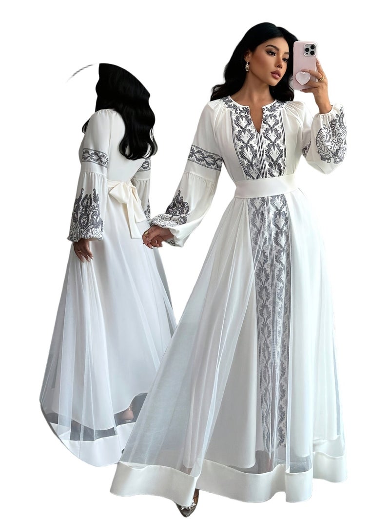 2026 New Muslim Robe Dress Arab Caftan Robe Islamic Long Dress Long Sleeve Dress Black Robe Dress Elegant Long Dress Dress Printed Robe Contrast Trim Dress - Black And White Spliced... - Image 1