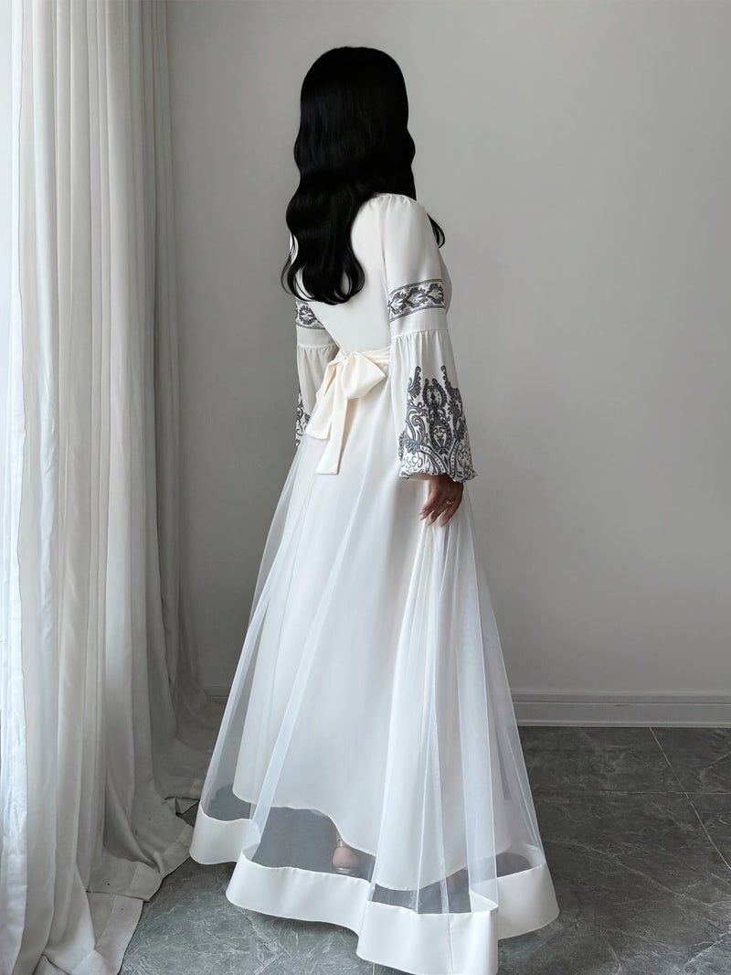 2026 New Muslim Robe Dress Arab Caftan Robe Islamic Long Dress Long Sleeve Dress Black Robe Dress Elegant Long Dress Dress Printed Robe Contrast Trim Dress - Black And White Spliced... - Image 4