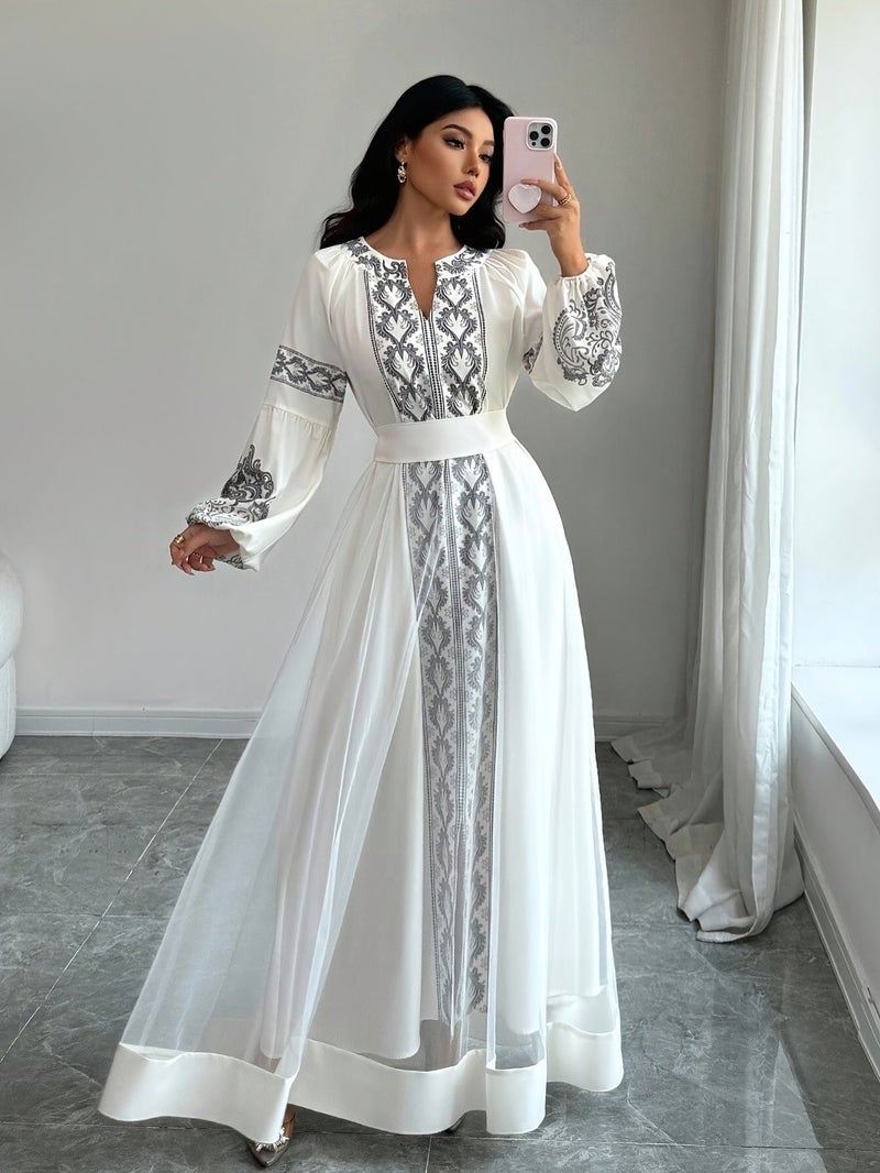 2026 New Muslim Robe Dress Arab Caftan Robe Islamic Long Dress Long Sleeve Dress Black Robe Dress Elegant Long Dress Dress Printed Robe Contrast Trim Dress - Black And White Spliced... - Image 2