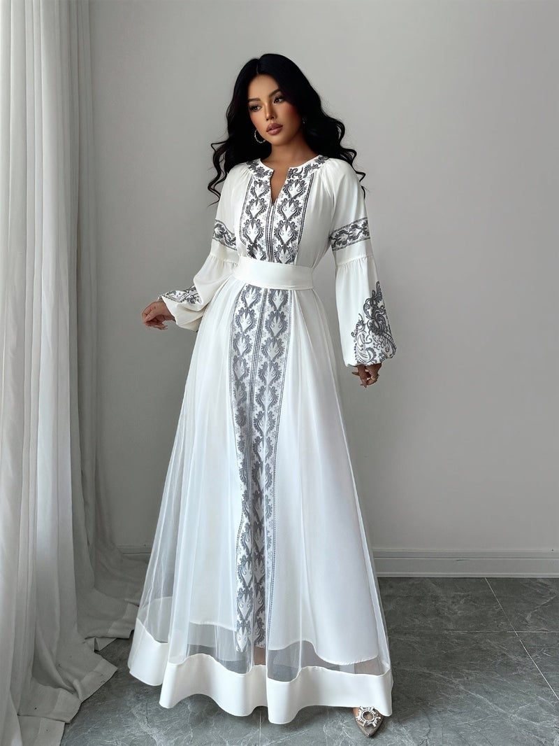 2026 New Muslim Robe Dress Arab Caftan Robe Islamic Long Dress Long Sleeve Dress Black Robe Dress Elegant Long Dress Dress Printed Robe Contrast Trim Dress - Black And White Spliced... - Image 5