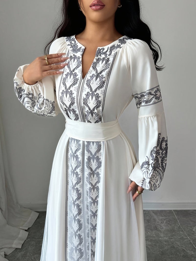 2026 New Muslim Robe Dress Arab Caftan Robe Islamic Long Dress Long Sleeve Dress Black Robe Dress Elegant Long Dress Dress Printed Robe Contrast Trim Dress - Black And White Spliced... - Image 3