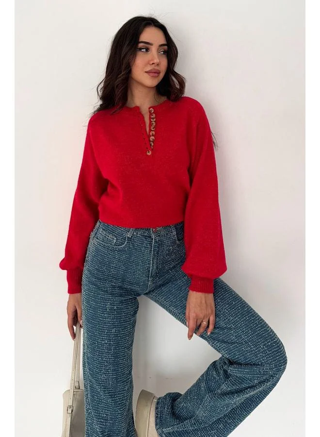 Noa Noa Women's Buttoned Knit Sweater - Red Stitch