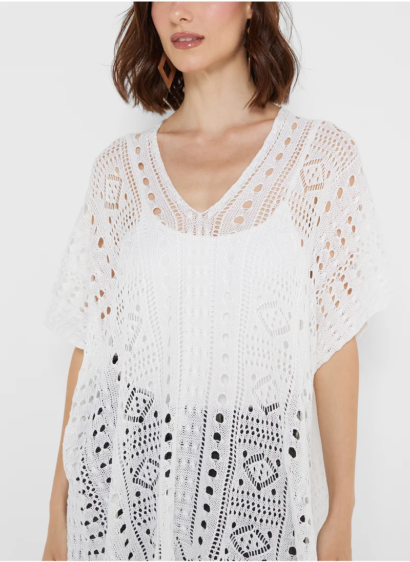 جينجر Openwork Kimono Style Beach Coverup
