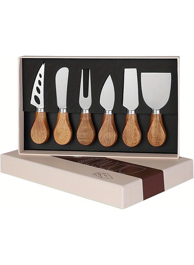 S-TOP 6-Piece Cheese Knife Set with Acacia Wood Handles, Stainless Steel Cheese Cutting Tools in Gift Box, 24.3 cm - Image 1