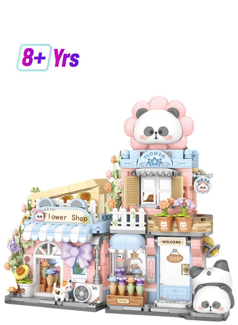 810pcs Red Panda Flower Shop Street View Model Set Building Blocks Creative Diy Simulation Collection Building Assembly Toys Children Adult Home Decorations - Image 1