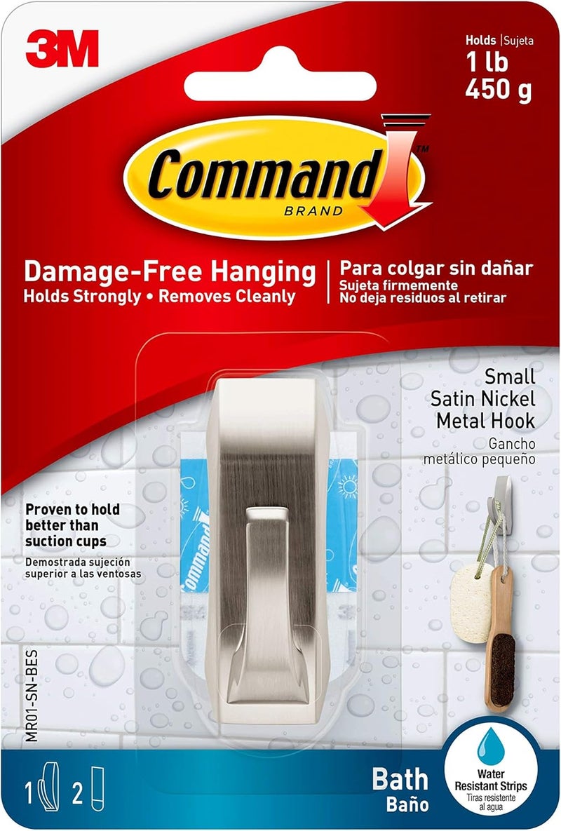 Command Bath Satin Nickel Small Hook | Holds 450 gr. each hook | Silver color | Water-Resistant Strips | Organize | Decoration | No Tools | Holds Strongly | Damage-Free Hanging | 1 Hook + 2 str/pack - Image 1