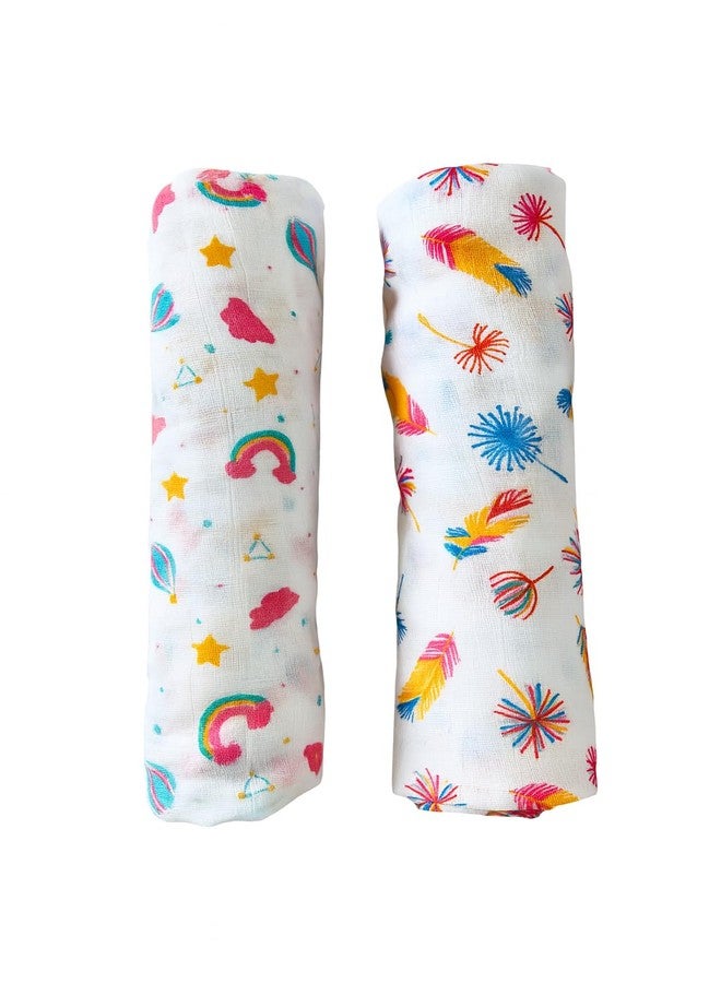 BUMSIES Swaddle for Babies -100% Muslin Cotton Soft Swaddle/Blanket/Multipurpose Wrap for New Born Baby Girl & Boy | Perfect for Gifting | 100x100 cm | 0-6 Months, Set of 2, (Rainbow & Feather Print) - Image 1