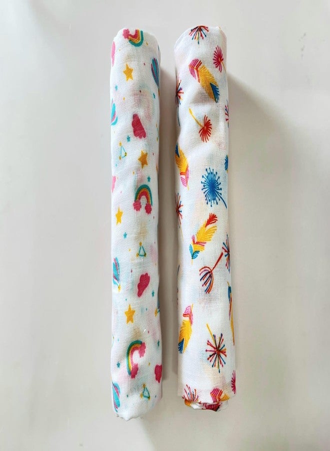 BUMSIES Swaddle for Babies -100% Muslin Cotton Soft Swaddle/Blanket/Multipurpose Wrap for New Born Baby Girl & Boy | Perfect for Gifting | 100x100 cm | 0-6 Months, Set of 2, (Rainbow & Feather Print) - Image 2