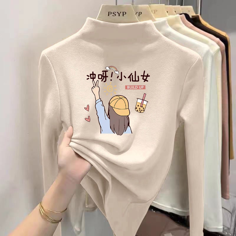 Children'S Base Shirt Semi-High Collar Boys' Warm Inner Long Sleeve T-Shirt With Thick Velvet Double-Sided Velvet T-Shirt - Image 1