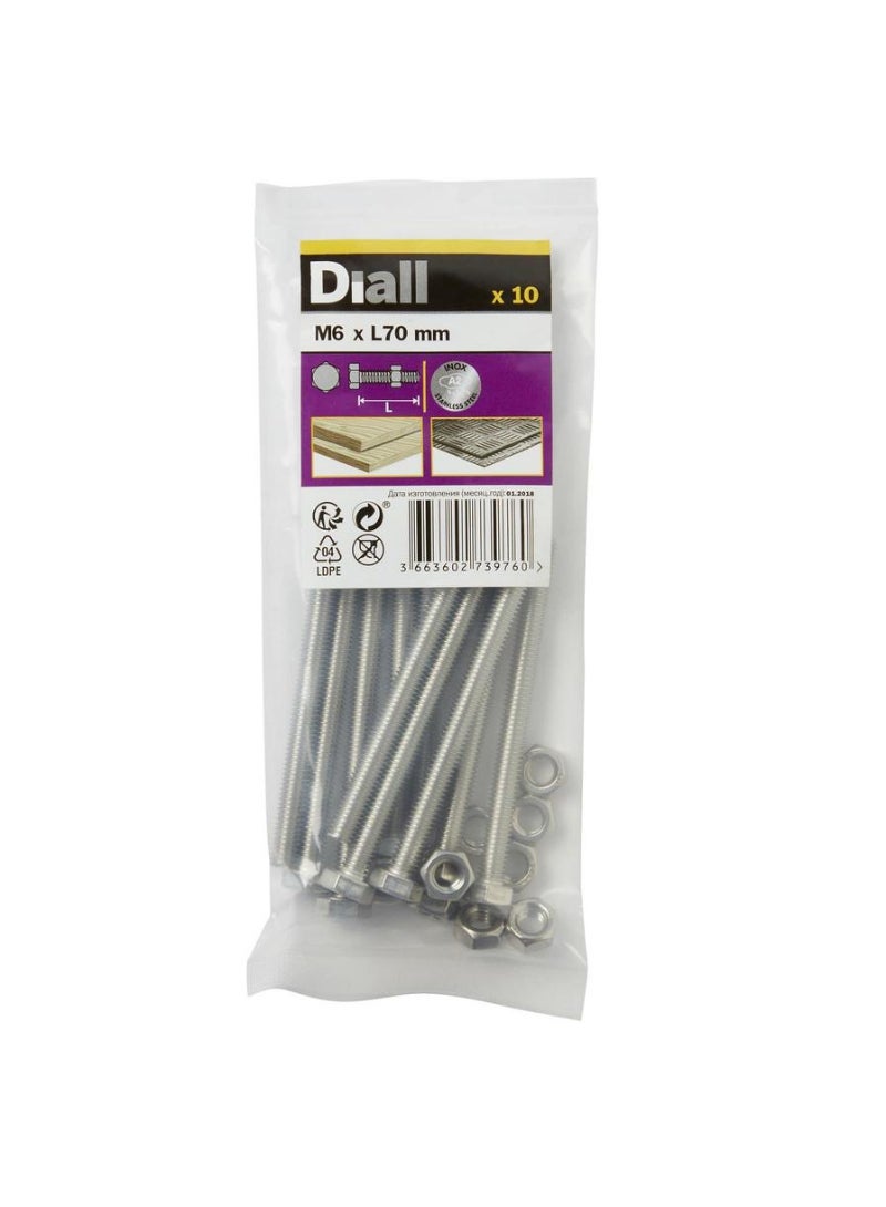 ACE Diall Stainless Steel Hex Nut And Bolt Pack M6 x 70mm 10Pcs