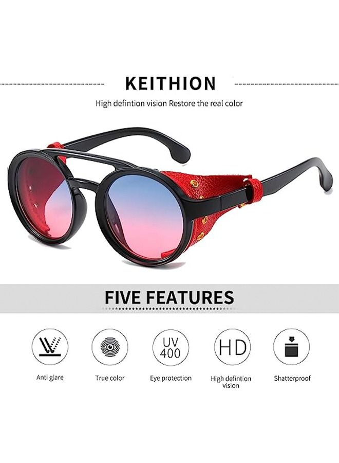 Excefore Round Steampunk Sunglasses for Women Men With Leather Side UV400 Protection HD Lens Vintage Eyewear Light Plastic Frame with Leatherwear Steampunk Style Round Vintage Sunglasses Eyewear - Image 3