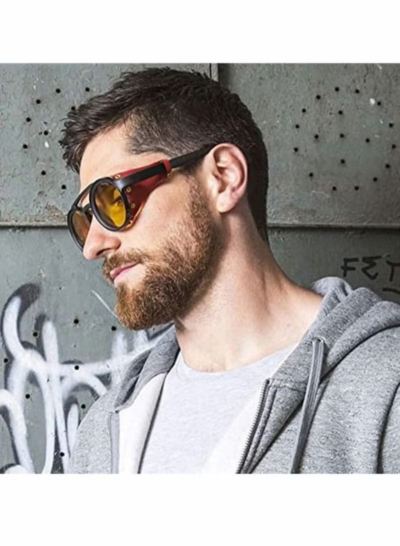 Excefore Round Steampunk Sunglasses for Women Men With Leather Side UV400 Protection HD Lens Vintage Eyewear Light Plastic Frame with Leatherwear Steampunk Style Round Vintage Sunglasses Eyewear - Image 5