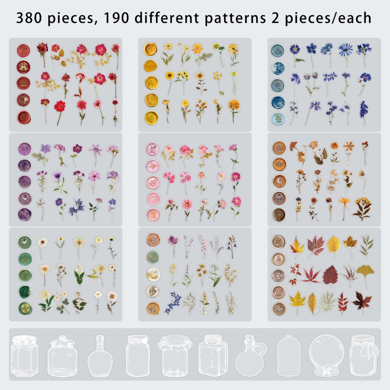 emmoolife 380 Pcs Pressed Flower Sticker Set Dried Flowers Themed Resin Journaling Stickers Floral Natural Botanical Fallen Leaves Decals for Scrapbook Supplies Bullet Junk Journal Bottles Planner Laptops - Image 3