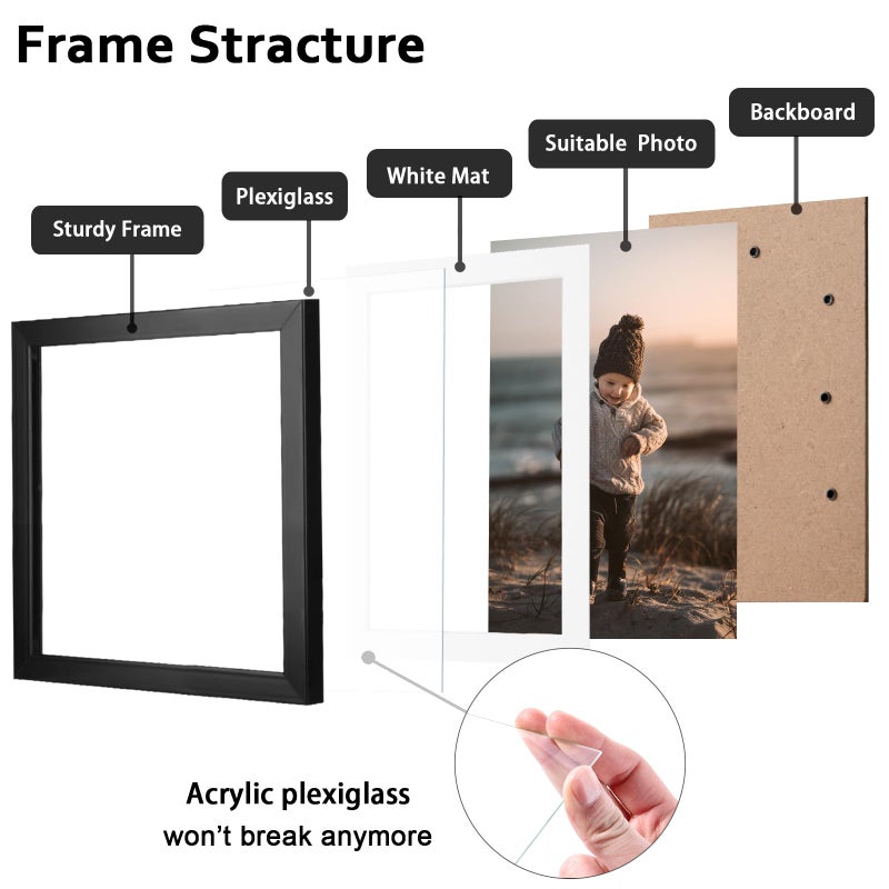 KINLINK 9x9 Picture Frames Black  Square Photo Frames with Plexiglass for Picture 7x7 with Mat or 9x9 without Mat  Composite Wood Picture Frames for Table Top and Wall Mounting  Set of 4 - Image 3