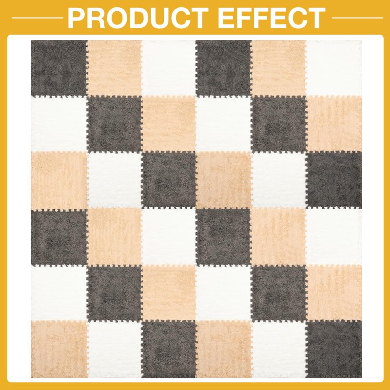 ZENOWICK 36 Pcs Plush Interlocking Carpet Tiles, Non-Toxic Foam Carpet Tile for Toddler Baby, Anti-Slip, EVA Foam Interlocking Tiles for Floor, Nursery, Playroom, Grey White Light Brown - Image 4