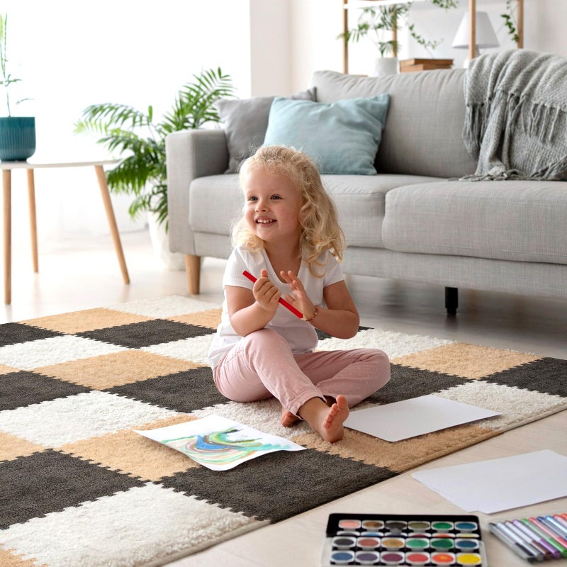 ZENOWICK 36 Pcs Plush Interlocking Carpet Tiles, Non-Toxic Foam Carpet Tile for Toddler Baby, Anti-Slip, EVA Foam Interlocking Tiles for Floor, Nursery, Playroom, Grey White Light Brown - Image 1