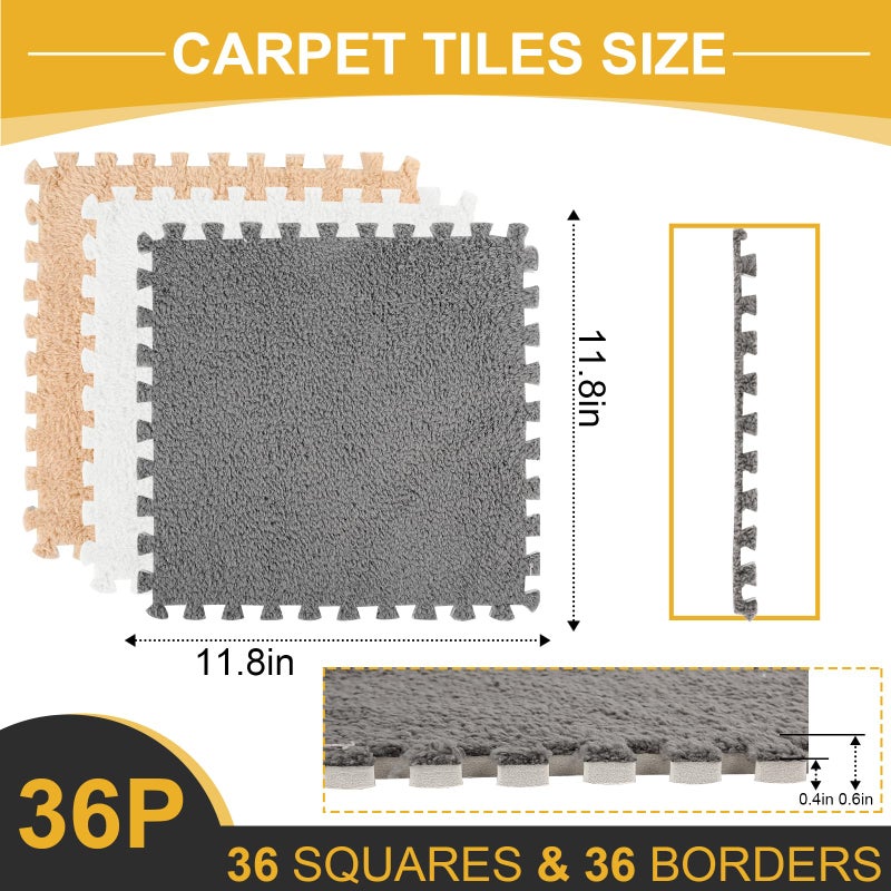 ZENOWICK 36 Pcs Plush Interlocking Carpet Tiles, Non-Toxic Foam Carpet Tile for Toddler Baby, Anti-Slip, EVA Foam Interlocking Tiles for Floor, Nursery, Playroom, Grey White Light Brown - Image 3