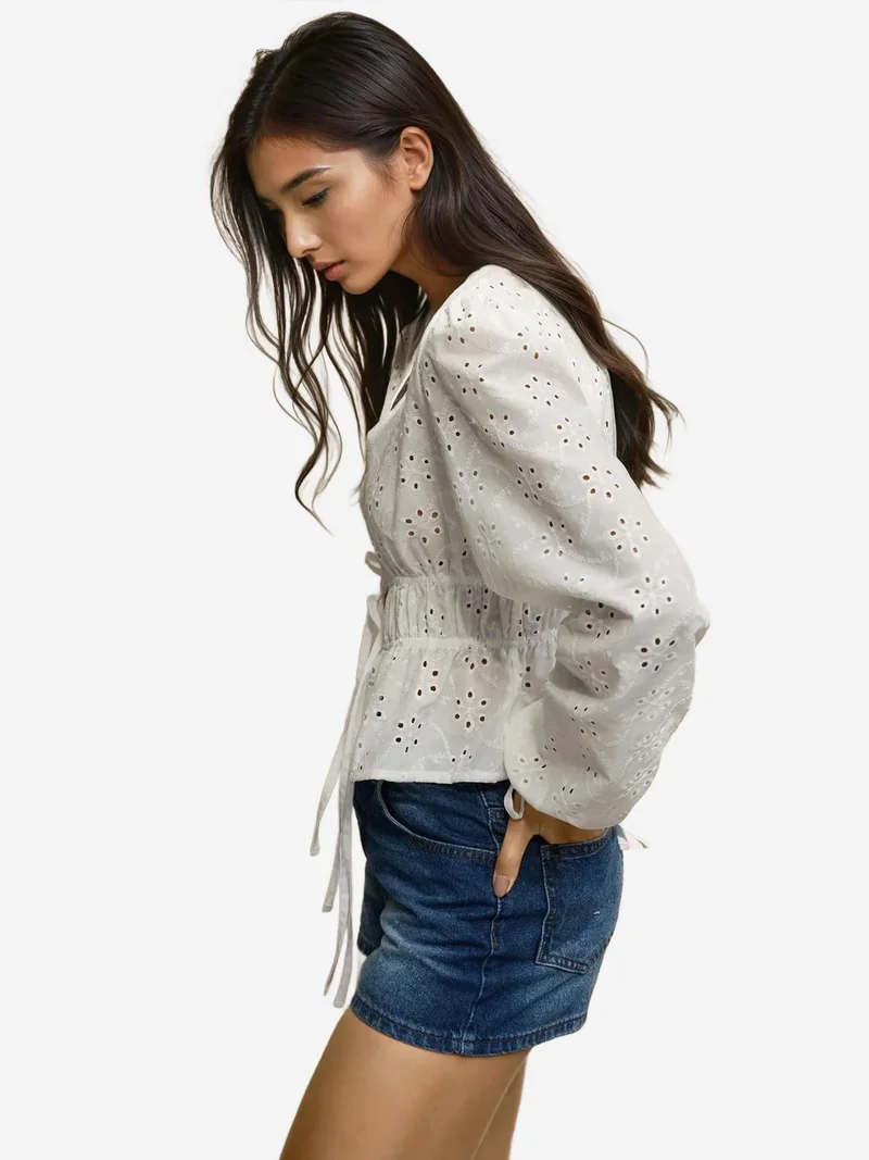 HICCUP Elegant Textured V-Neck Baloon Sleeve Blouse