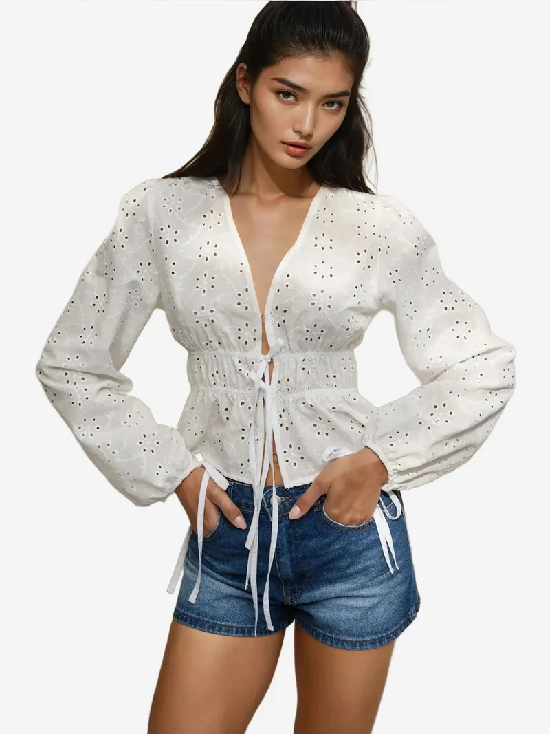 HICCUP Elegant Textured V-Neck Baloon Sleeve Blouse