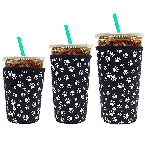 YR Reusable Neoprene Insulator Sleeve for Iced Coffee Cups, 3 Pack Coffee Coolies sleeves for Iced & Hot Drinks, Cold Beverage Cooler Compatible with Starbucks Coffee and More (Paw) - Image 1