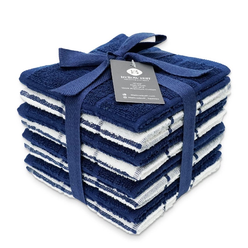 Mellow Buff 100% Cotton Terry Dish Cloth & Dish Towel, 8 Pack, Super Soft and Absorbent Kitchen Towels, Perfect for Kitchen Cleaning and Dish Washing (Navy (Solid and Check) 8 Pack) - Image 1