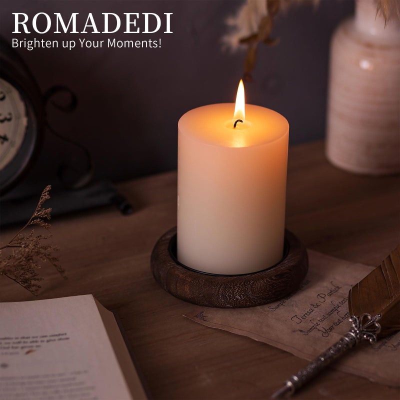 Romadedi Wood Candle Holder Farmhouse Decor - Pillar Candle Holders for Table Centerpiece Small Tray Riser Set of 2 Round Wooden Plate Pedestal Stand for Coffee Table Home Living Room, Brown - Image 2