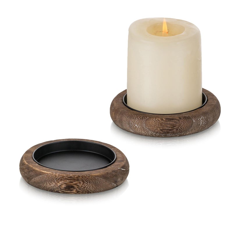 Romadedi Wood Candle Holder Farmhouse Decor - Pillar Candle Holders for Table Centerpiece Small Tray Riser Set of 2 Round Wooden Plate Pedestal Stand for Coffee Table Home Living Room, Brown - Image 1
