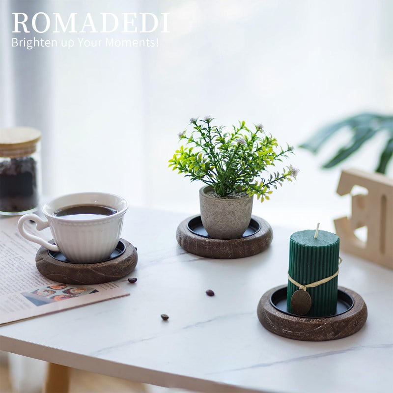 Romadedi Wood Candle Holder Farmhouse Decor - Pillar Candle Holders for Table Centerpiece Small Tray Riser Set of 2 Round Wooden Plate Pedestal Stand for Coffee Table Home Living Room, Brown - Image 3