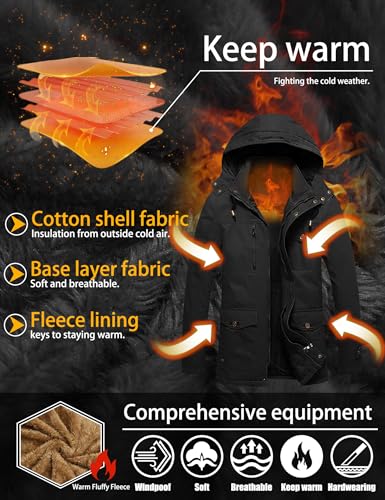 TACVASEN Men's Winter Jacket Cotton Military Fleece Lined Thick Work Coats Warm Cargo Jackets with Hooded Black XL - Image 3