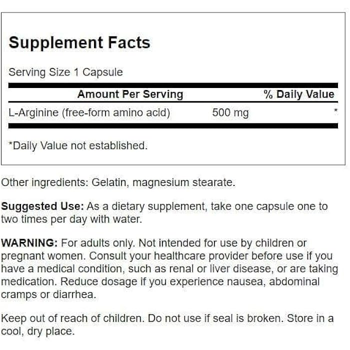 Swanson Amino Acid L-Arginine 500 Milligrams 100 Capsules - Image 2