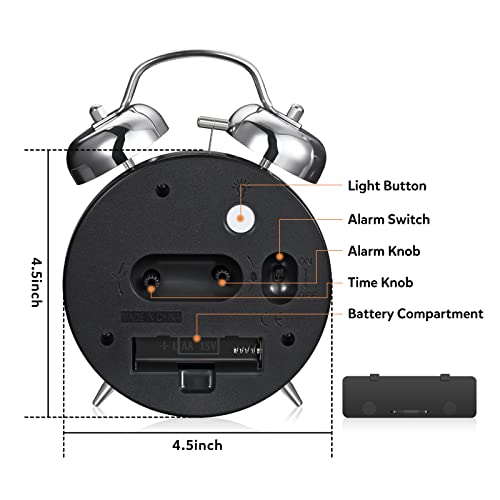Cadmos Loud Alarm Clock for Heavy Sleepers Adults,Retro 4 Inch Silent Non-Ticking Quartz with Backlight,Twin Bell Analog Kids Alarm Clocks for Bedrooms Bedside (Black) - Image 4