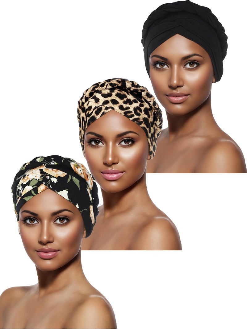 SATINIOR 3 Pcs African Women Turban Caps Beanie Twist Headscarf Pre Tied Twisted Hair Covered Hat for Women - Image 1