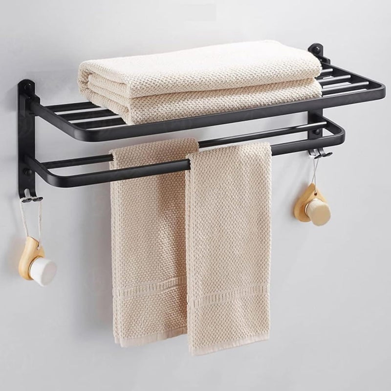 Sulfar Matte Black Bathroom Towel Bar Aluminum Free Punch Towel Rack Holder with Shelf Hooks (20inch, 50cm) - Image 1