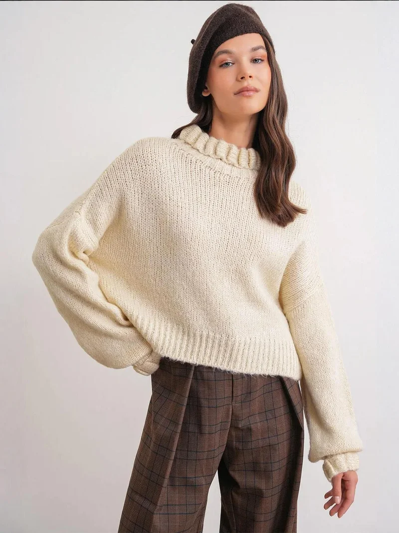 MixRay Mixray Thick Turtleneck Textured Crop Sweater
