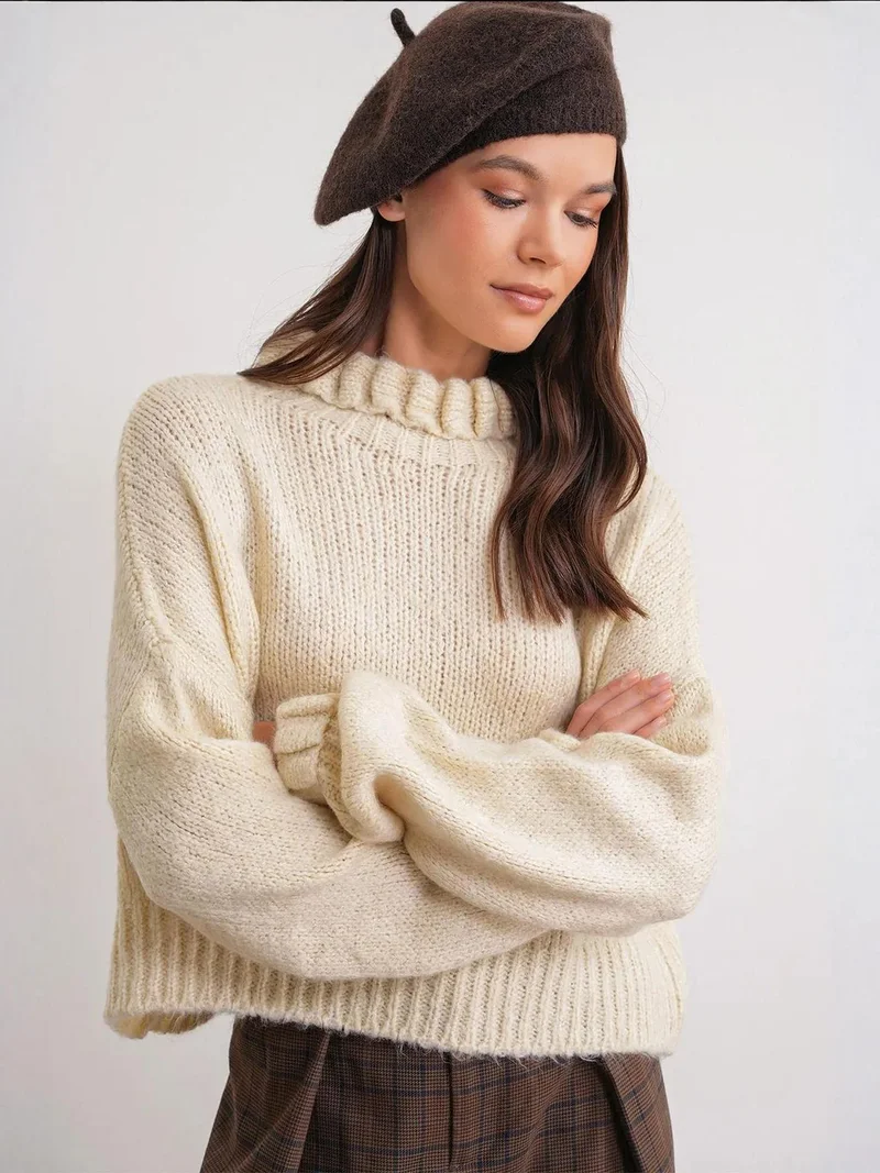 MixRay Mixray Thick Turtleneck Textured Crop Sweater