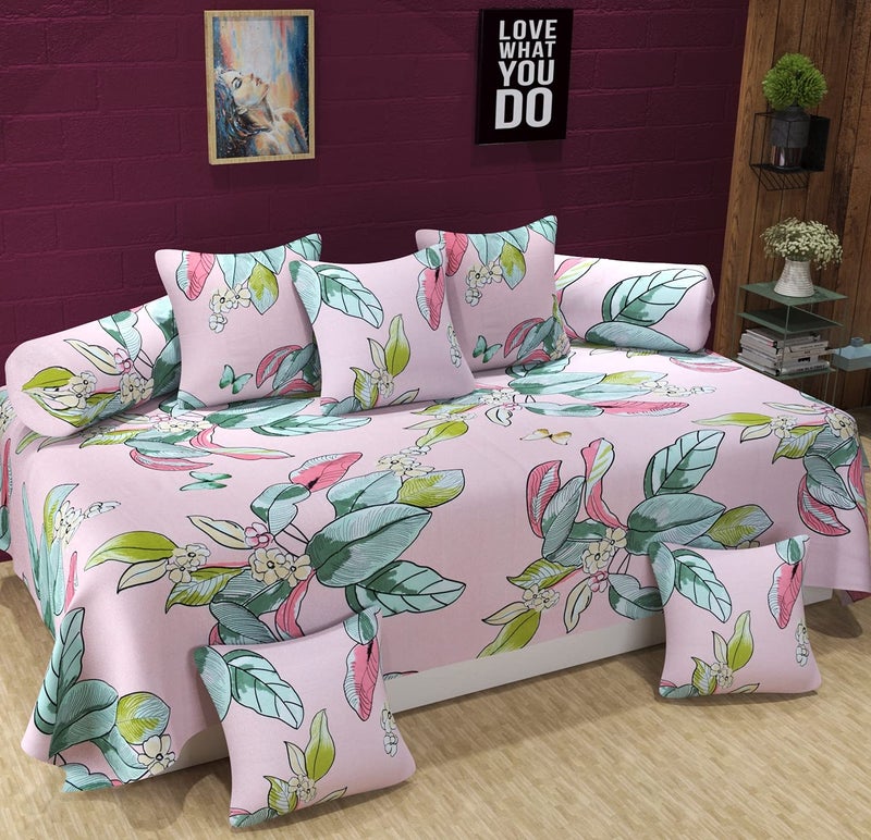 Castiqa Microfibre Unique Patterns Diwan Set Covers 8 Pieces Set of 1 Bedsheet 2 Bolsters and 5 Cushion Covers (Pink Butterfly) - Image 1