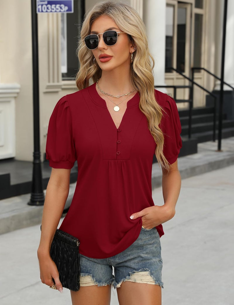 IECCP Womens Summer Tops Blouses for Women Dressy Casual 2025 Puff Short Sleeve Shirts Loose Fit Tunic Blouses (Red,L) - Image 4