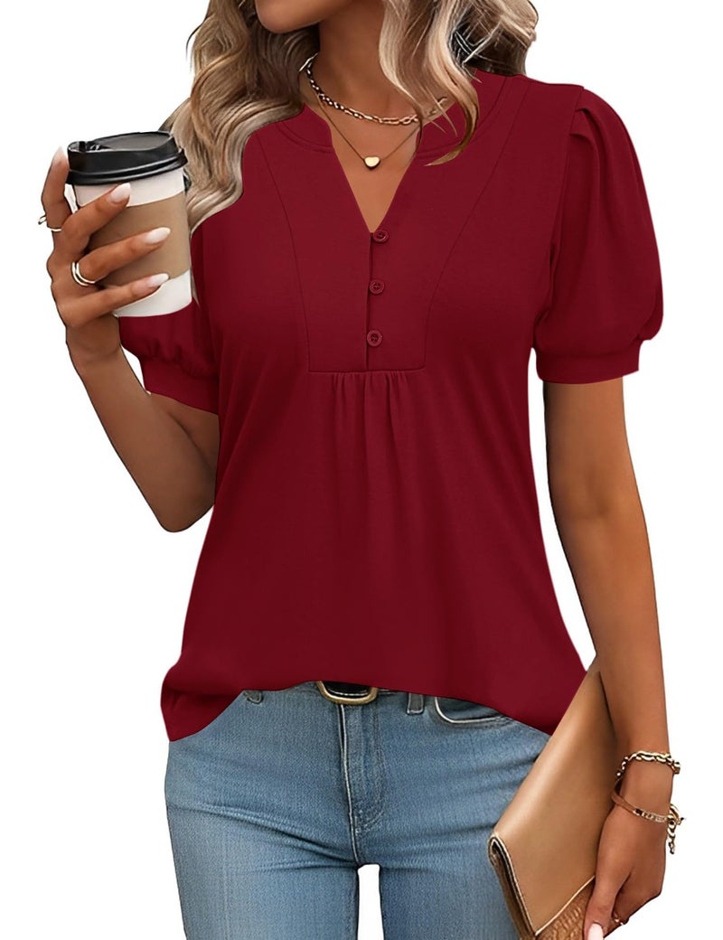 IECCP Womens Summer Tops Blouses for Women Dressy Casual 2025 Puff Short Sleeve Shirts Loose Fit Tunic Blouses (Red,L) - Image 1