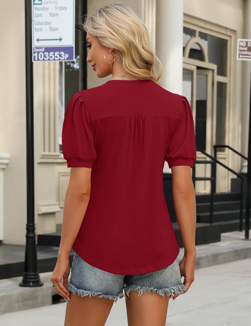 IECCP Womens Summer Tops Blouses for Women Dressy Casual 2025 Puff Short Sleeve Shirts Loose Fit Tunic Blouses (Red,L) - Image 3