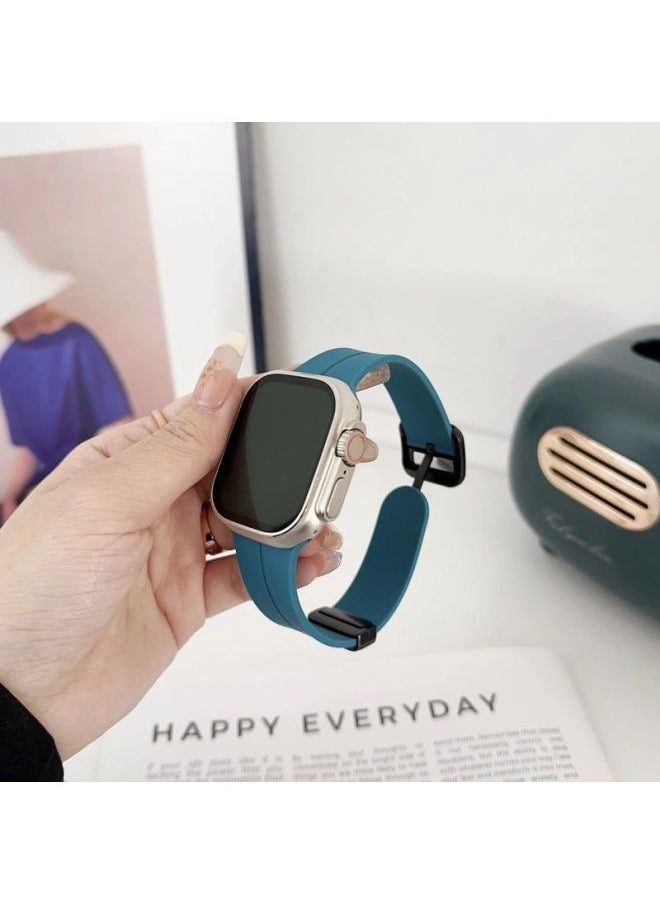 Generic For Iwatch10 For Apple Watch For Applewatch987654 Square Buckle Folding Magnetic Silicone Tape Ultra-Color:Ins [square Buckle Folding Magnetic Silicone] Rock Cyan-44mm (iwatch 456 Generation Se)  - Image 1