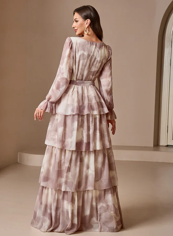 Take Two Pink Tie and Dye Print Lantern Sleeve Tiered Maxi Dress
