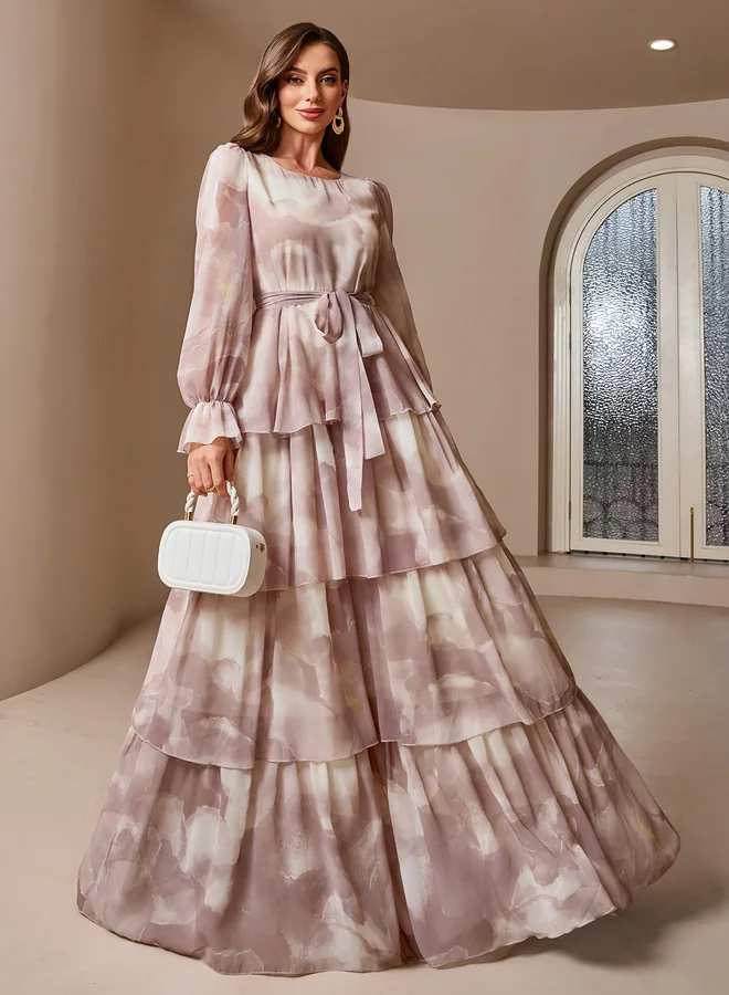 Take Two Pink Tie and Dye Print Lantern Sleeve Tiered Maxi Dress