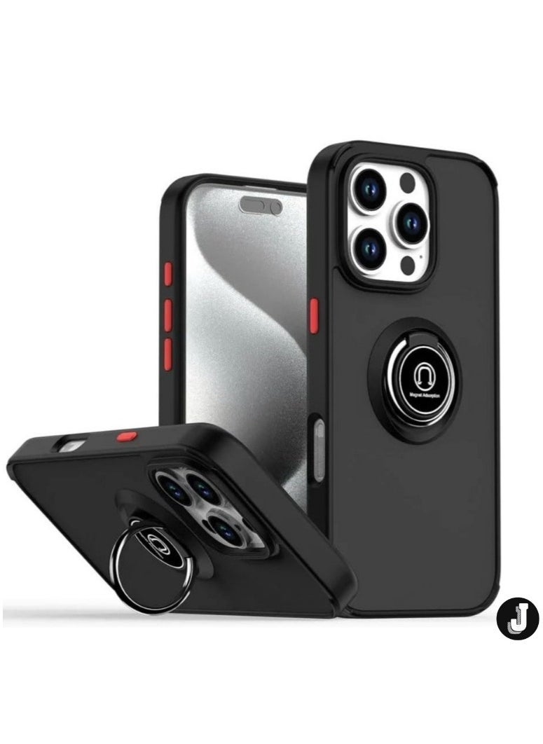 JAJEEK iPhone 16 Case Cover – Matte Black Shockproof Bumper with Metal Ring Holder Kickstand & Car Magnetic Mount - Image 1