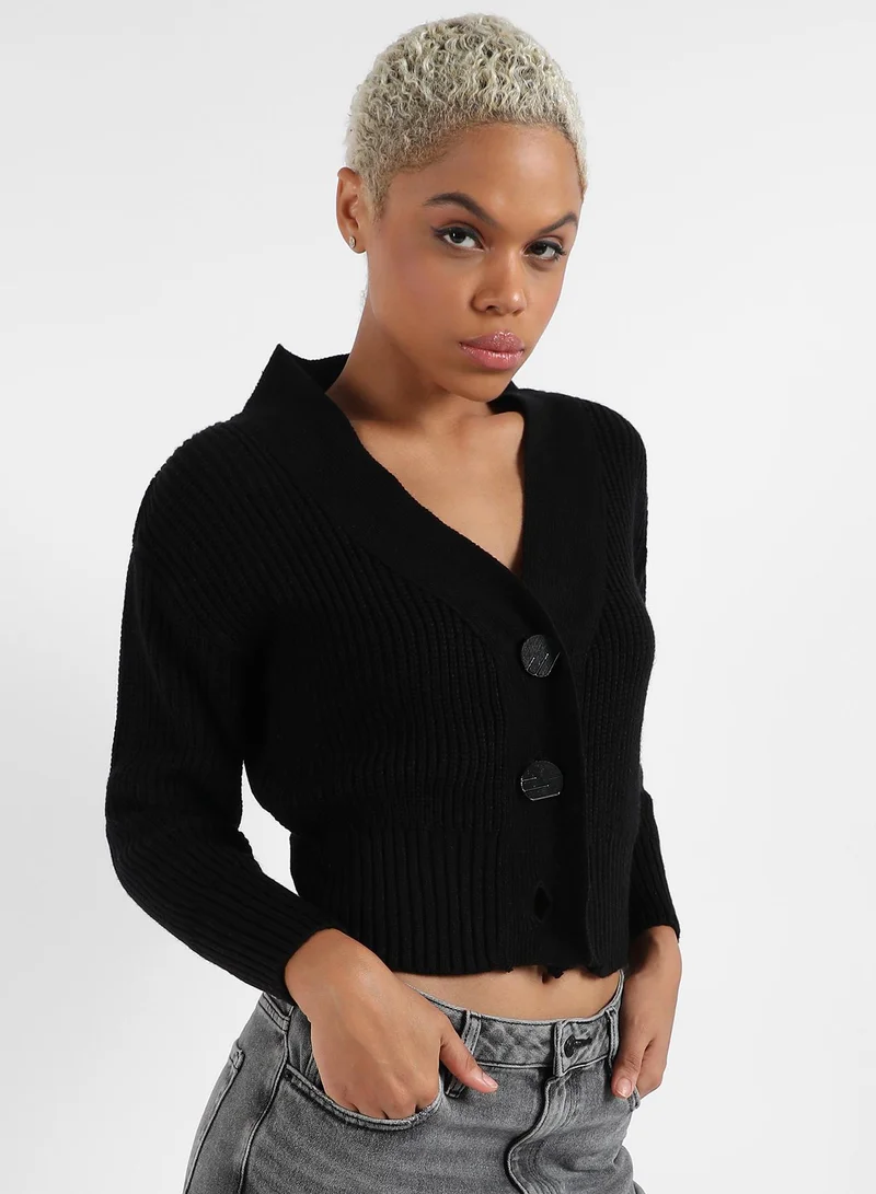 Campus Sutra Campus Sutra Women's Solid Ribbed Cropped Cardigan