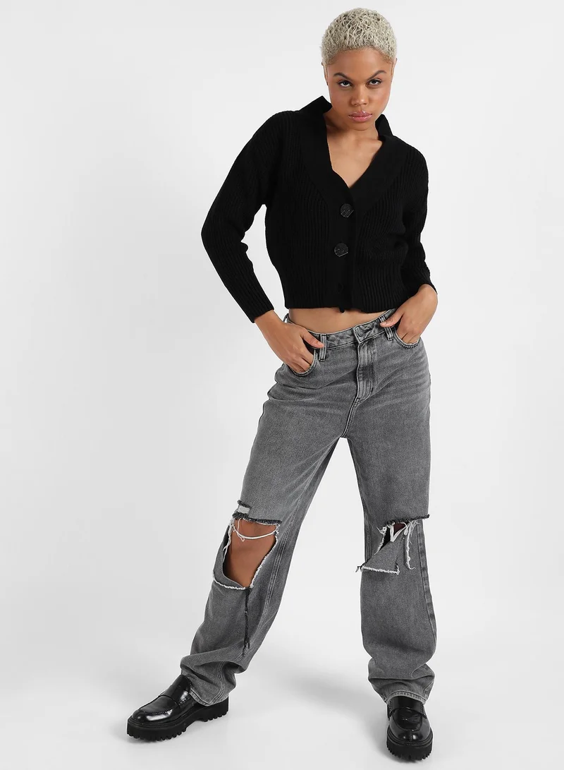 Campus Sutra Campus Sutra Women's Solid Ribbed Cropped Cardigan