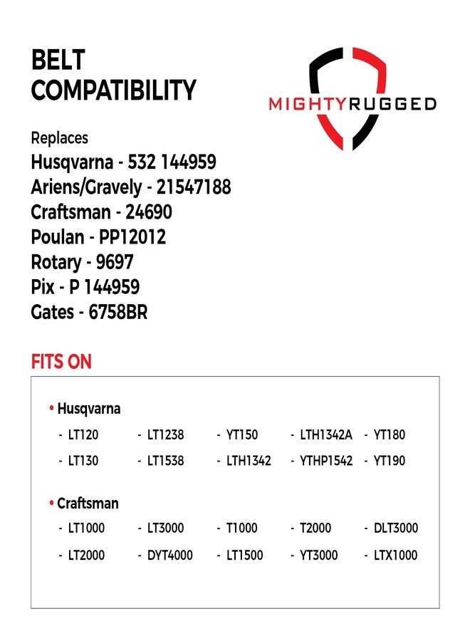 MightyRugged 144959 Craftsman Deck Belt Replacement - Belt Length 95.5" - Heavy-Duty, Durable, Aramid Cord Deck Belt for Craftsman LT1000, LT2000 - Replaces OEM Husqvarna 532 144959; Sears/Craftsman/AYP 144959 - Image 3